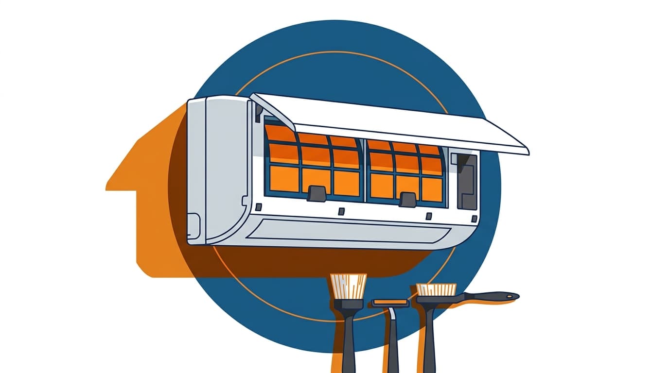 Illustration d’un split mural ouvert avec des outils de nettoyage